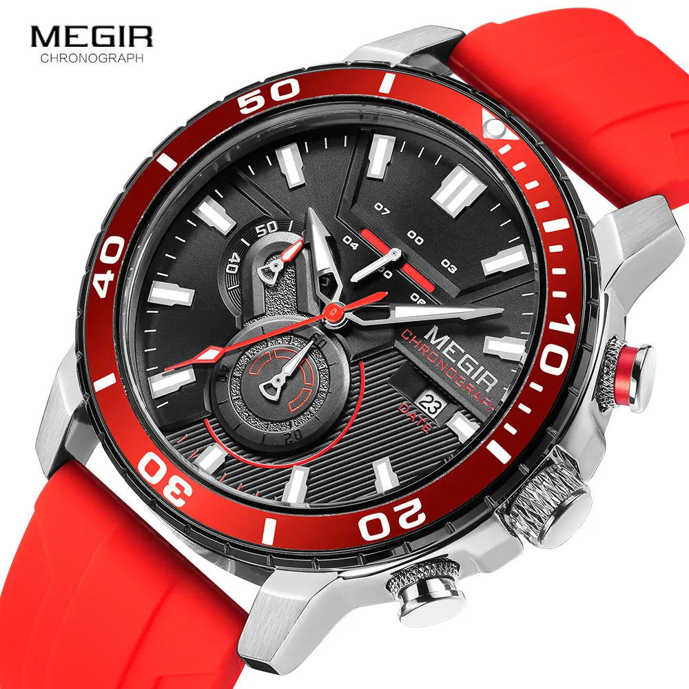 MEGIR - Montre Homme MEGIR Sport Chronographe Orange - Bracelet Silicone - Étanche 3 ATM - Lumineux