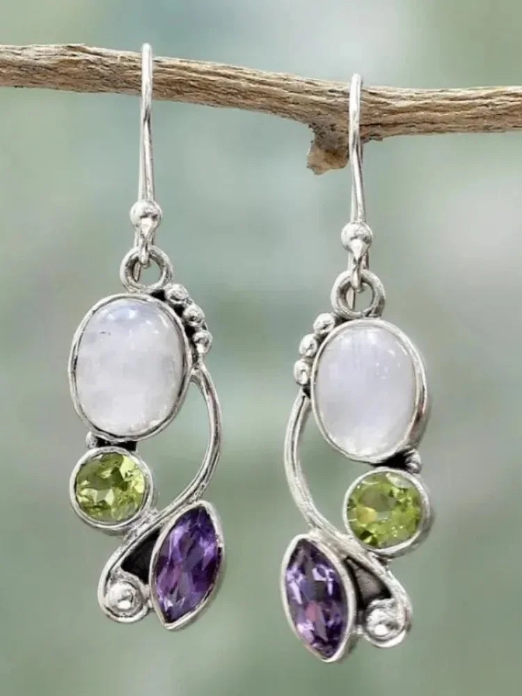 Boucles d'Oreilles Femmes Pendantes Bohème Pierre de Lune - Bijou Femme Vintage