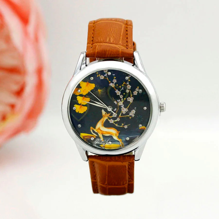 SHSBY - Montre Femme - Bracelet Cuir - Motif Fleur Élégant - Cadeau Idéal