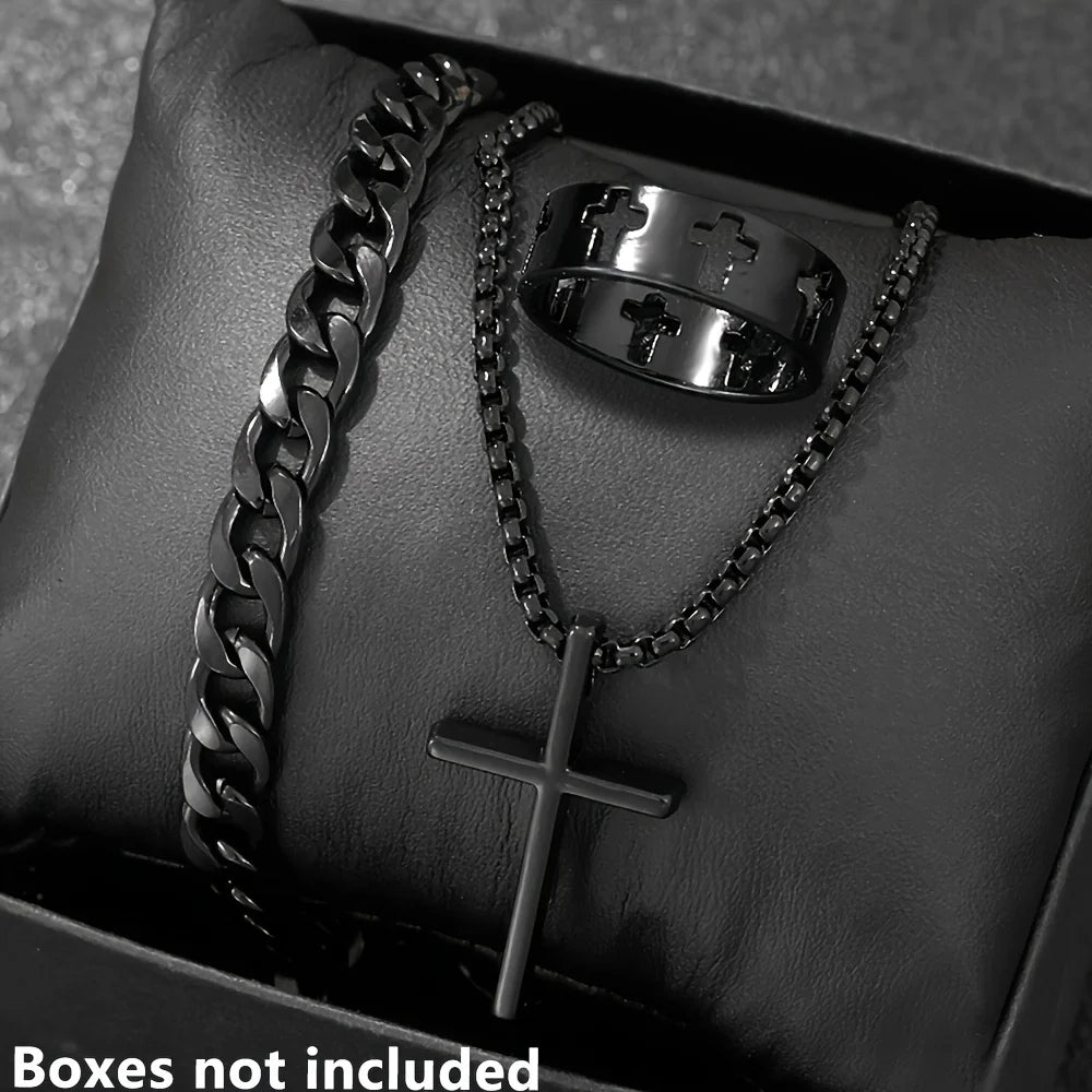Ensemble Bijoux Homme 3 Pièces Alliage - Collier Pendentif Croix, Bracelet & Bague