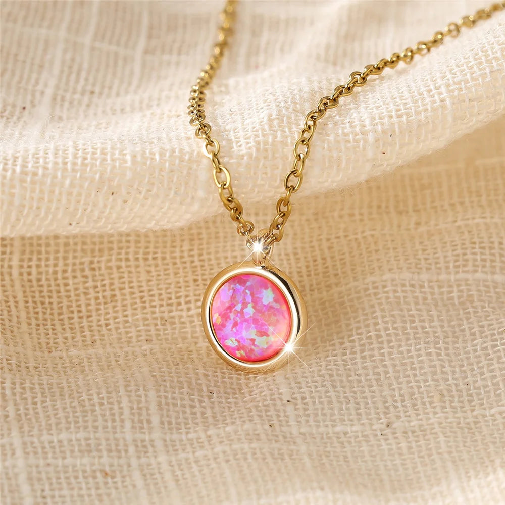 Collier de Luxe Pendentif Rond Pierre d'Opale Bleue Blanche - Vintage Couleur Or Mariage
