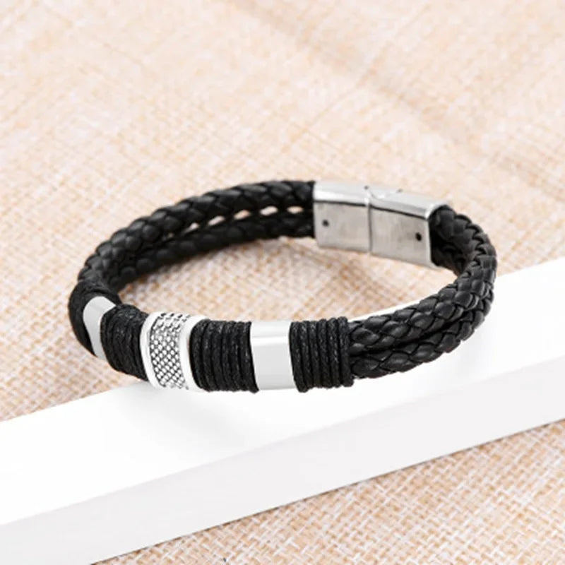 Bracelet Cuir Tressé Perles Homme Femme - Hip-Hop Punk Acier Inoxydable Unisexe Charme