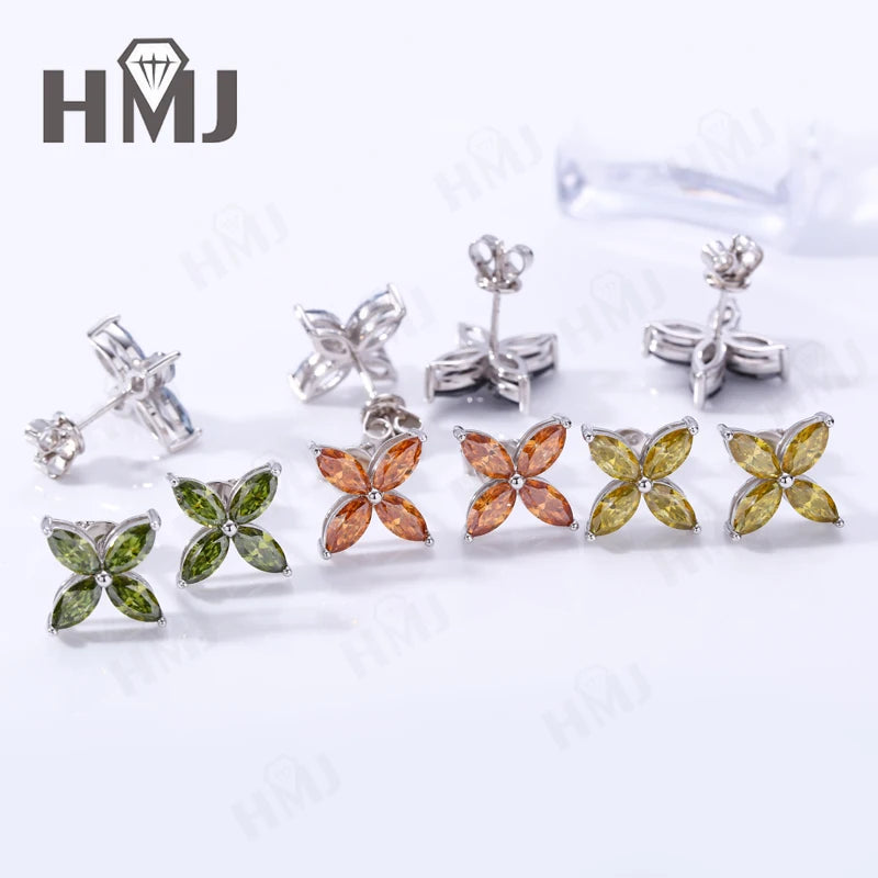 Collier Pendentif, Boucles d'Oreilles Puces, Trèfle à Quatre Feuilles, Moissanite Marquise, Argent Sterling 925