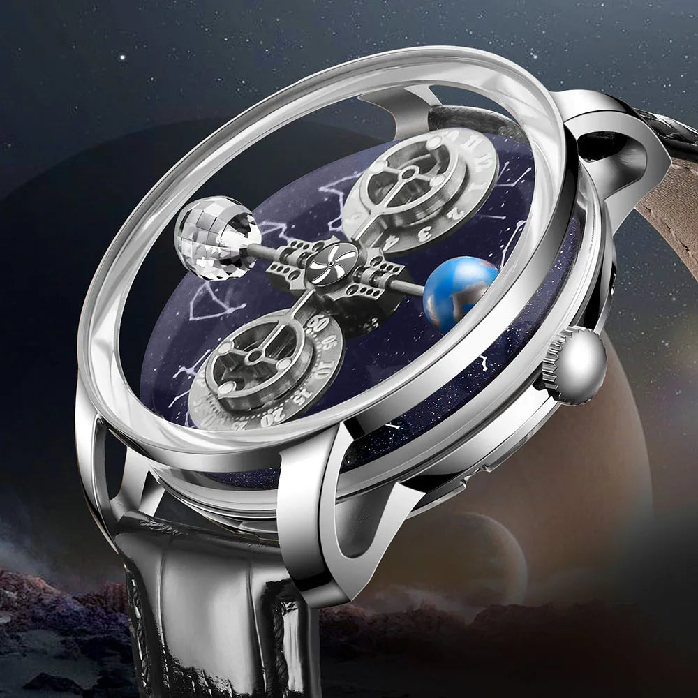 PINDU - Montre Homme Mécanique Automatique Squelette - 12 Constellations - Verre Saphir - Bracelet Maille Acier