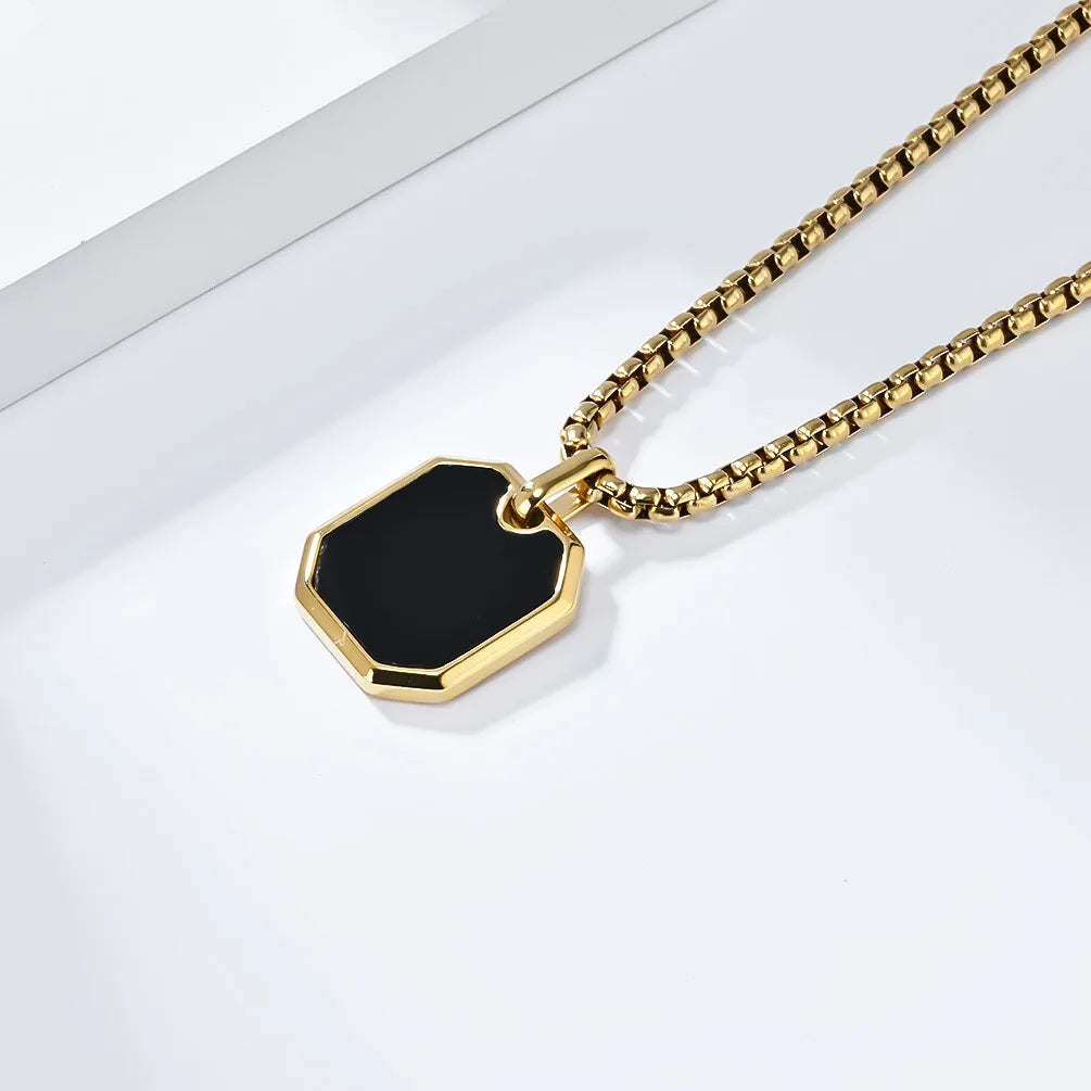 Collier Pendentif Carré Noir Unisexe - Acier Inoxydable Classique Homme Femme