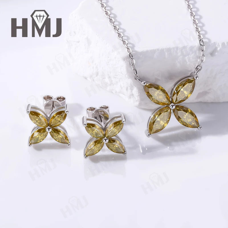 Collier Pendentif, Boucles d'Oreilles Puces, Trèfle à Quatre Feuilles, Moissanite Marquise, Argent Sterling 925