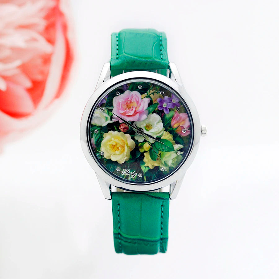 SHSBY - Montre Femme - Bracelet Cuir - Motif Fleur Élégant - Cadeau Idéal
