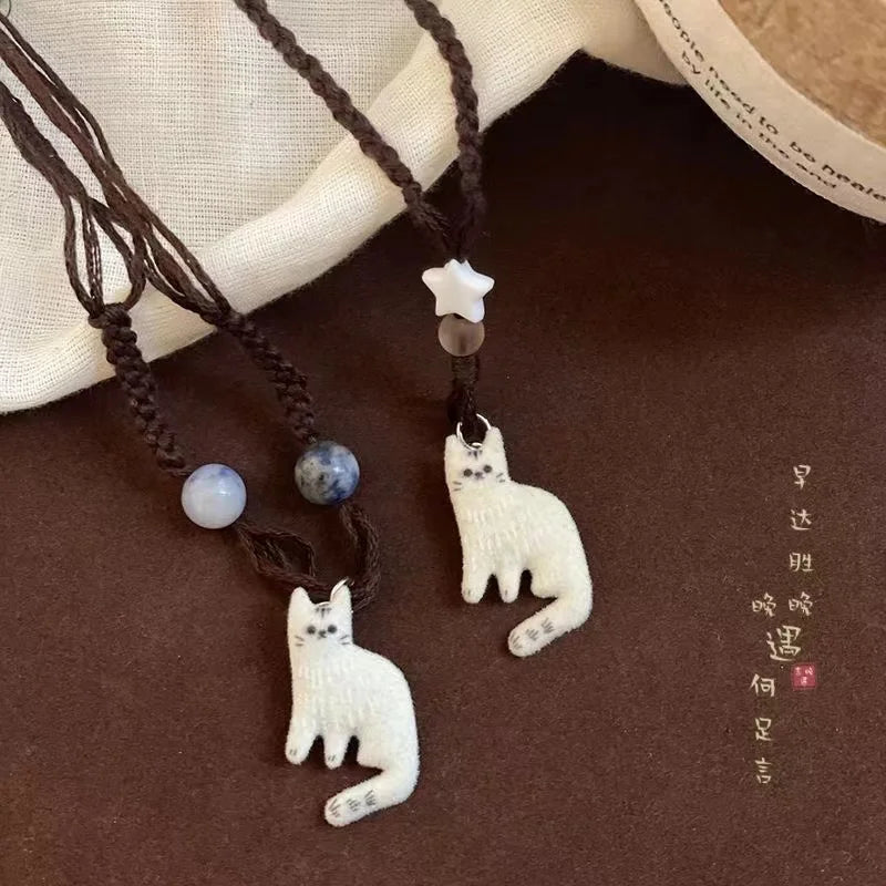 Collier Pendentif Chat Mignon Rétro Perles Étoiles - Bijou Femme Ethnique
