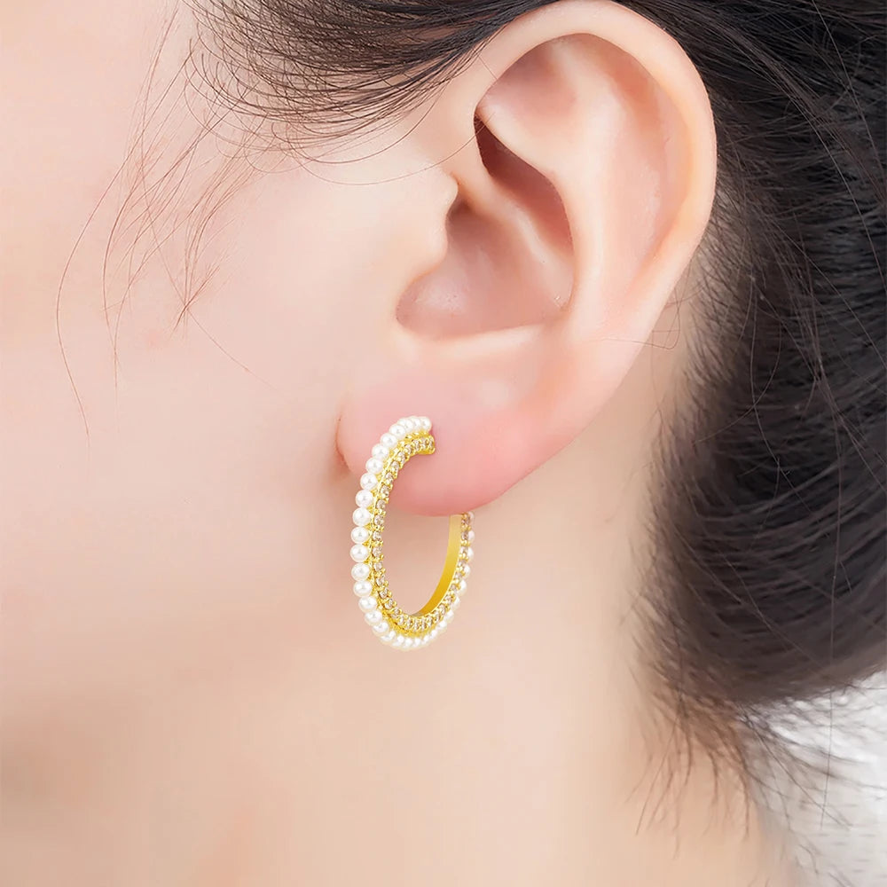 Boucles d'Oreilles Femmes Forme C Perles Zircon Doré - Bijou Femme Rétro