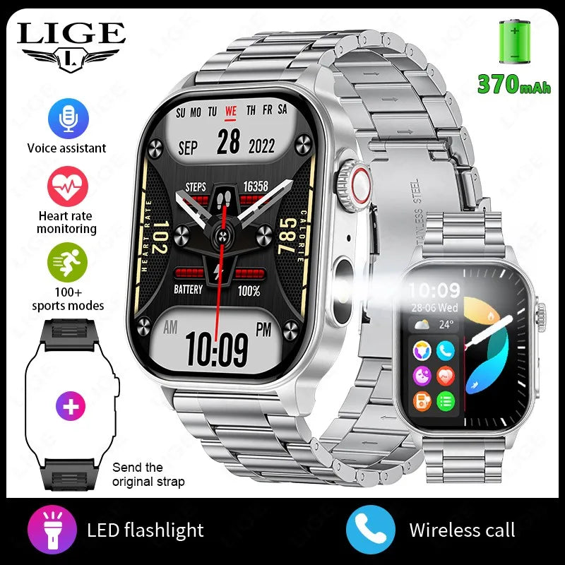 LIGE - Montre Intelligente LIGE 2.01" Militaire Sport - Lampe LED - Appels Bluetooth 5.2 - Étanche - Android iOS