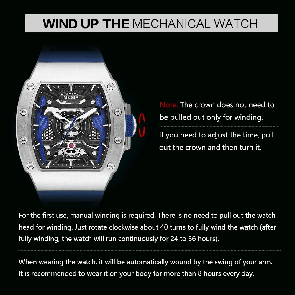 MEGIR - Montre Homme MEGIR 8604 Mécanique Automatique Squelette - Boîtier Tonneau Acier - Bracelet Silicone