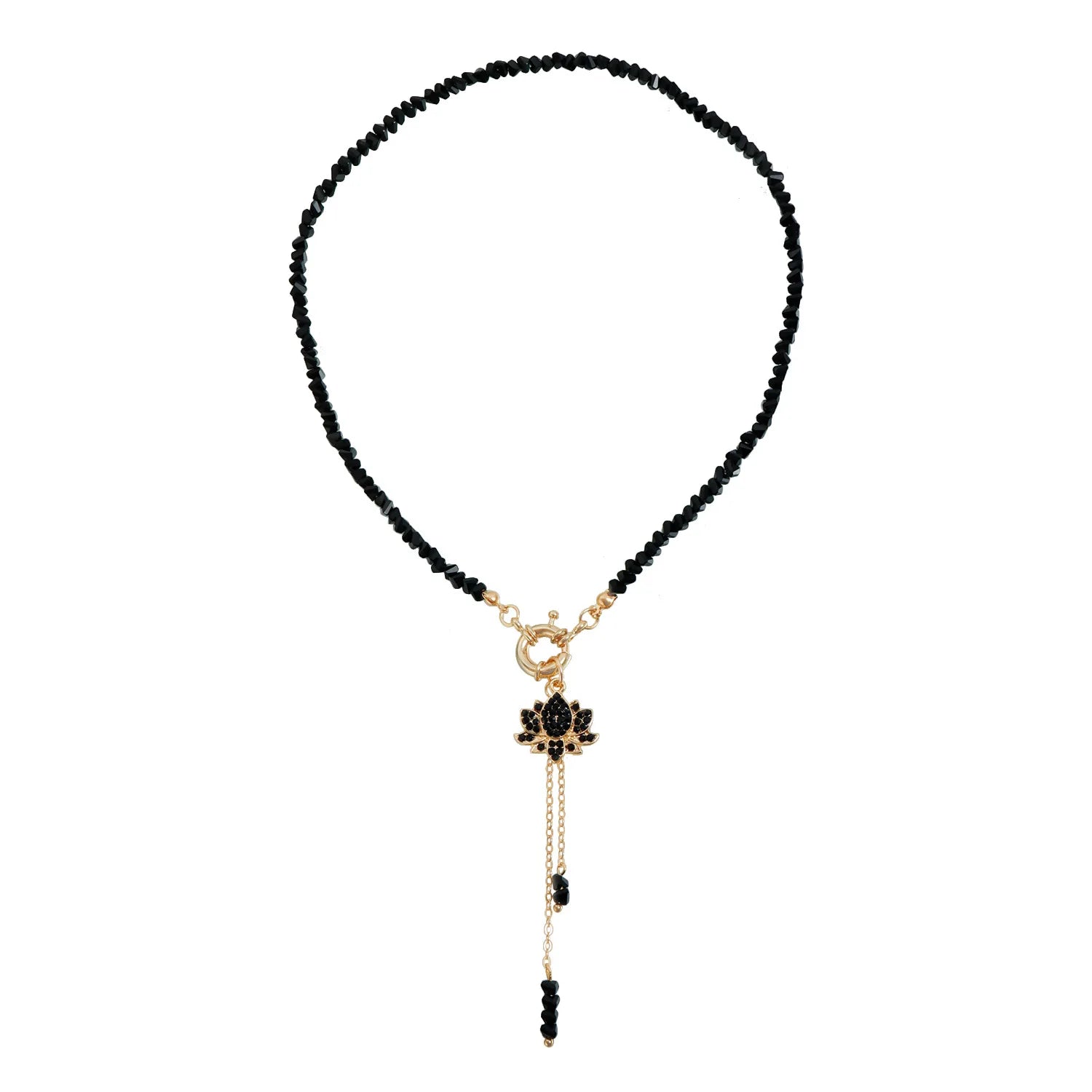 Collier Pendentif Lotus Strass et Pompon - Perles Cristal Noir Triangulaire Femme