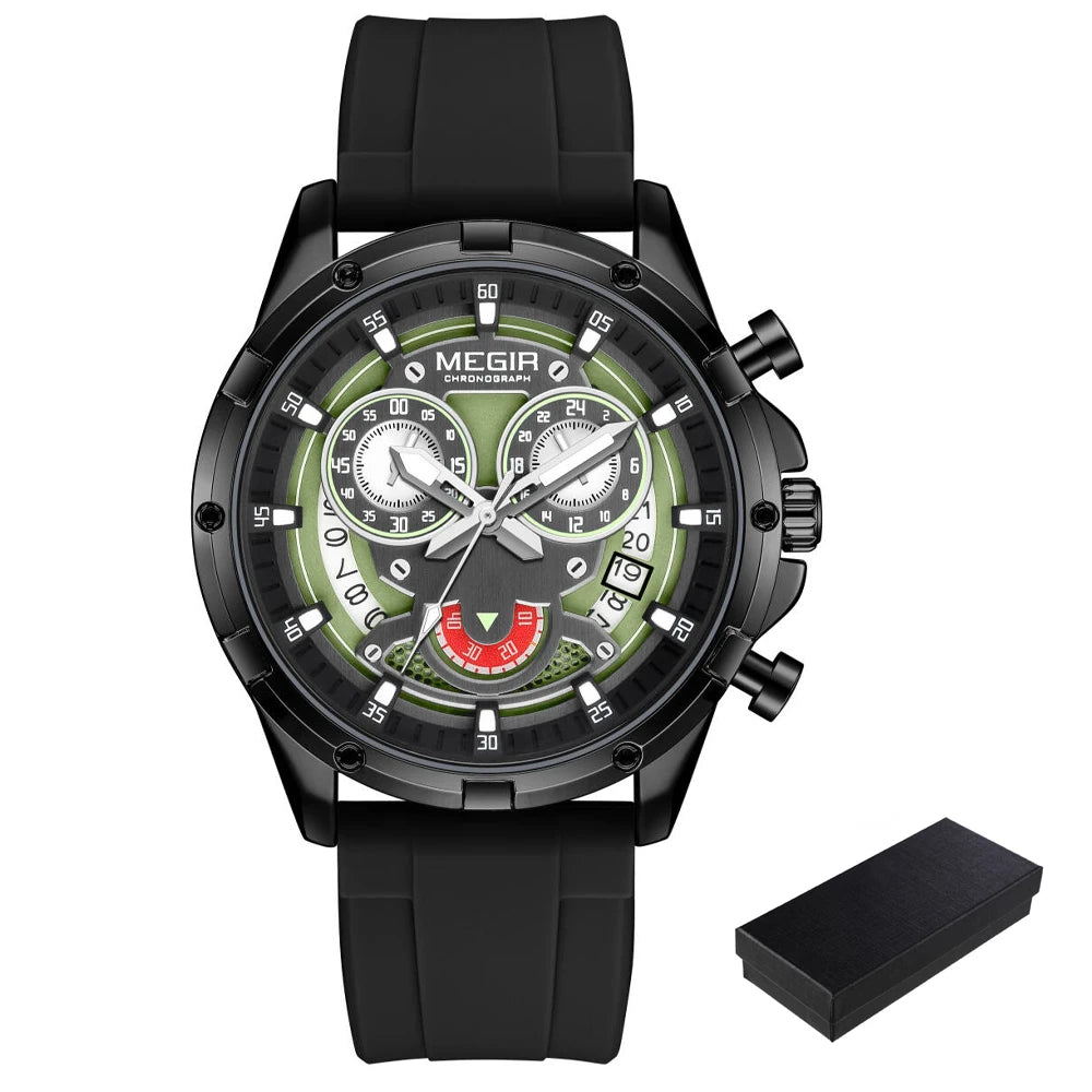 MEGIR - Montre Homme Quartz Étanche Luxe Lumineux Date Chronographe Silicone Hommes Montre-bracelet Militaire Sports