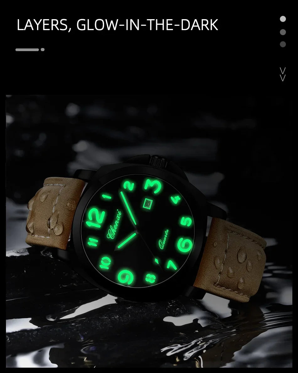 Montre Homme Luxe CHENXI 2026 - Cuir Véritable, Date Lumineuse, Calendrier, Sport Quartz Étanche 3 ATM