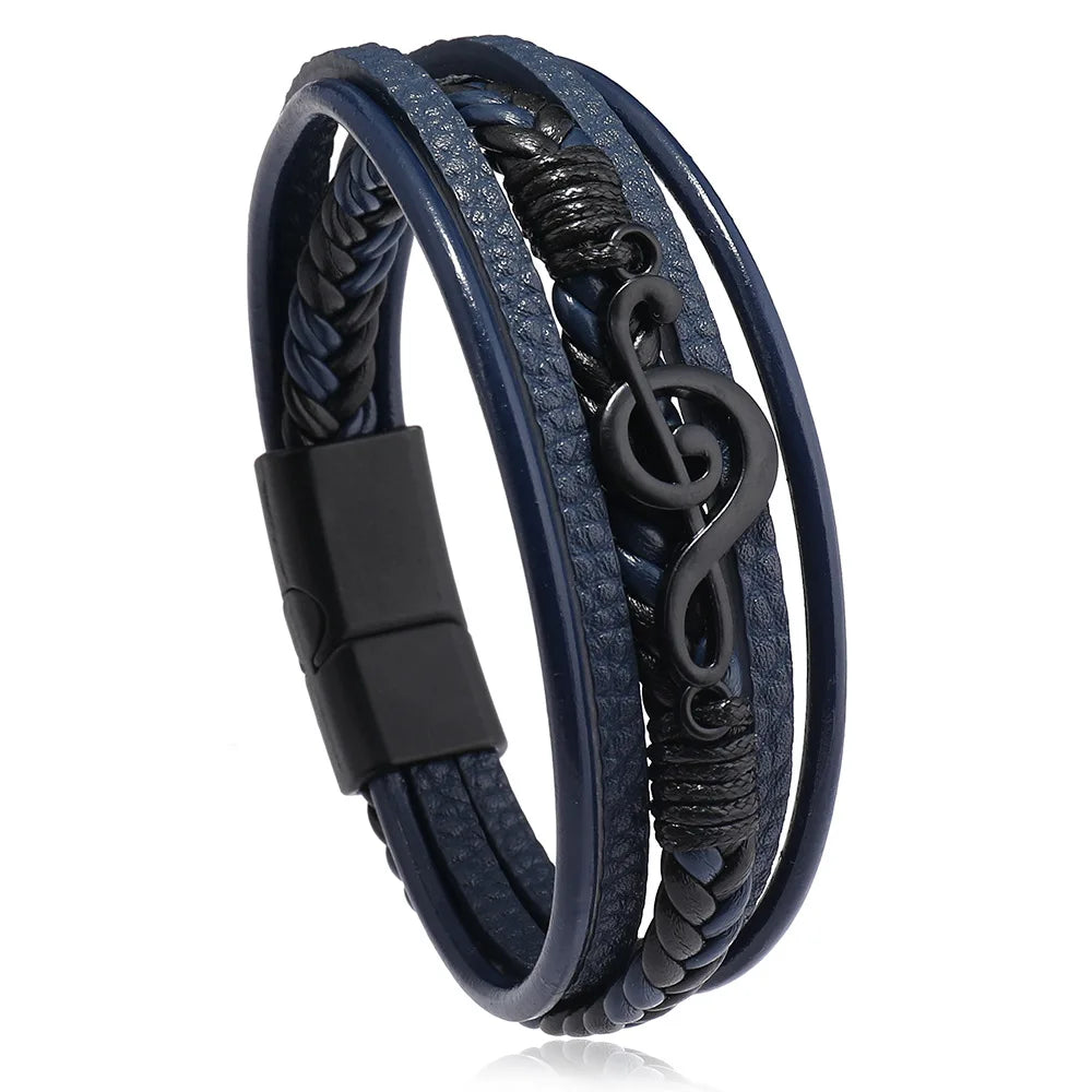 Bracelet Homme Multicouche Cuir Symbole Musique Boucle Magnétique Rétro