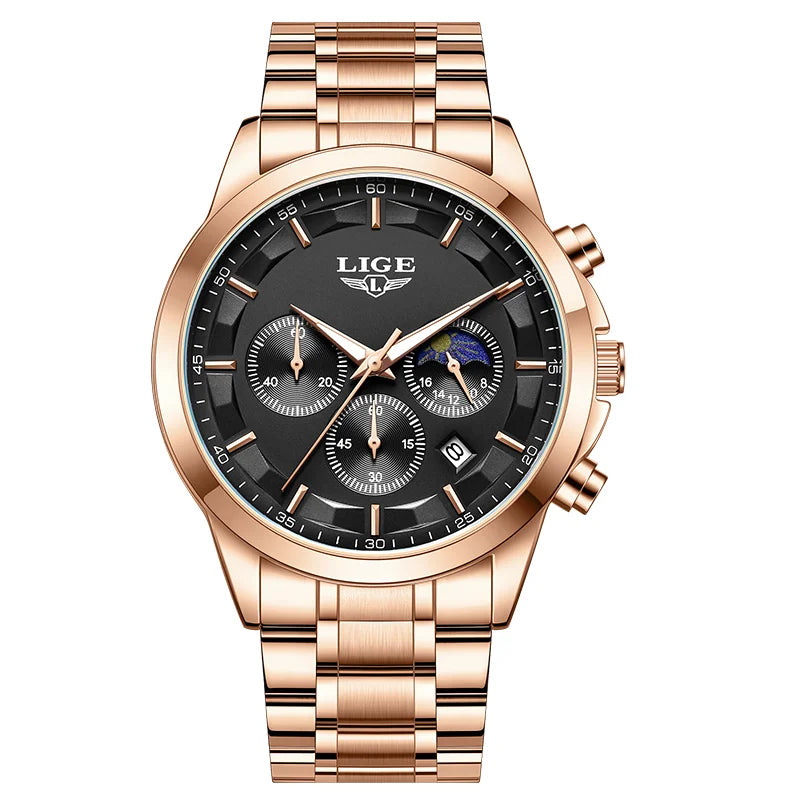 Montre Homme LIGE 2026 Luxe - Quartz Phase de Lune Calendrier Lumineux