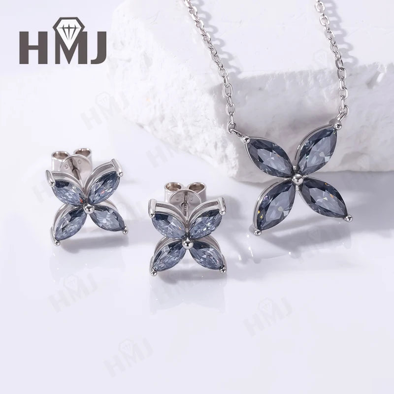 Collier Pendentif, Boucles d'Oreilles Puces, Trèfle à Quatre Feuilles, Moissanite Marquise, Argent Sterling 925