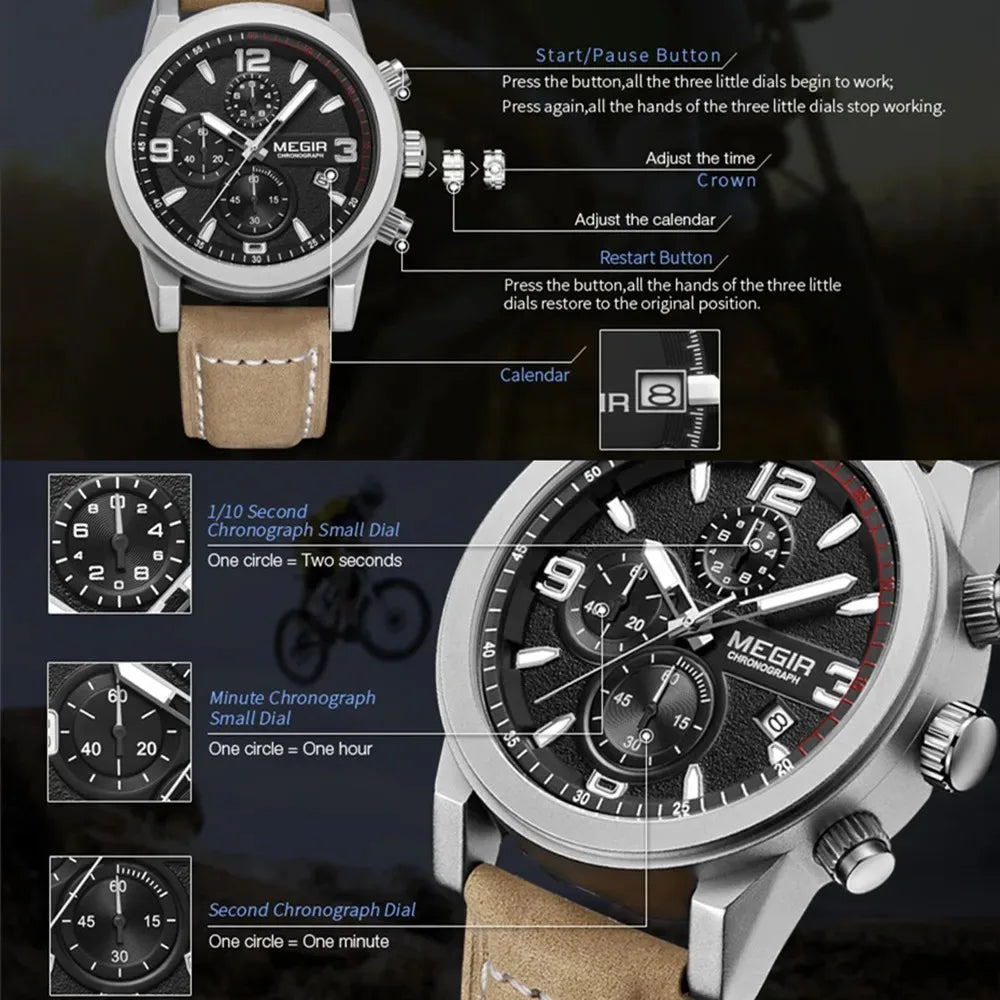 Montre Homme MEGIR 2026 Sport - Chronographe Bracelet Cuir Lumineux