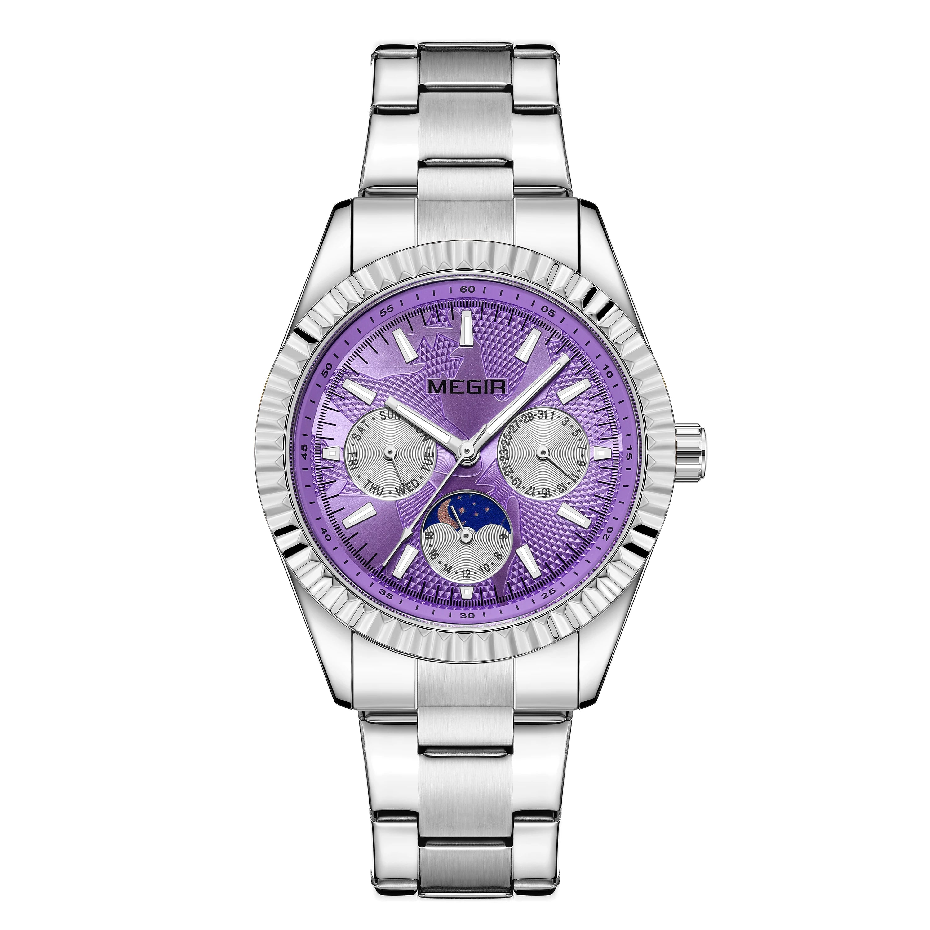 MEGIR - Montre Femme Phase de la Lune à Quartz en Acier Inoxydable Étanche