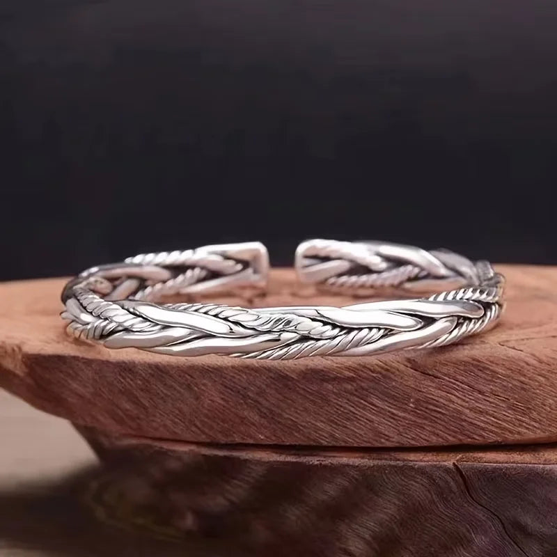 Bracelet Manchette Antique Argenté Torsadé Ajustable Unisexe