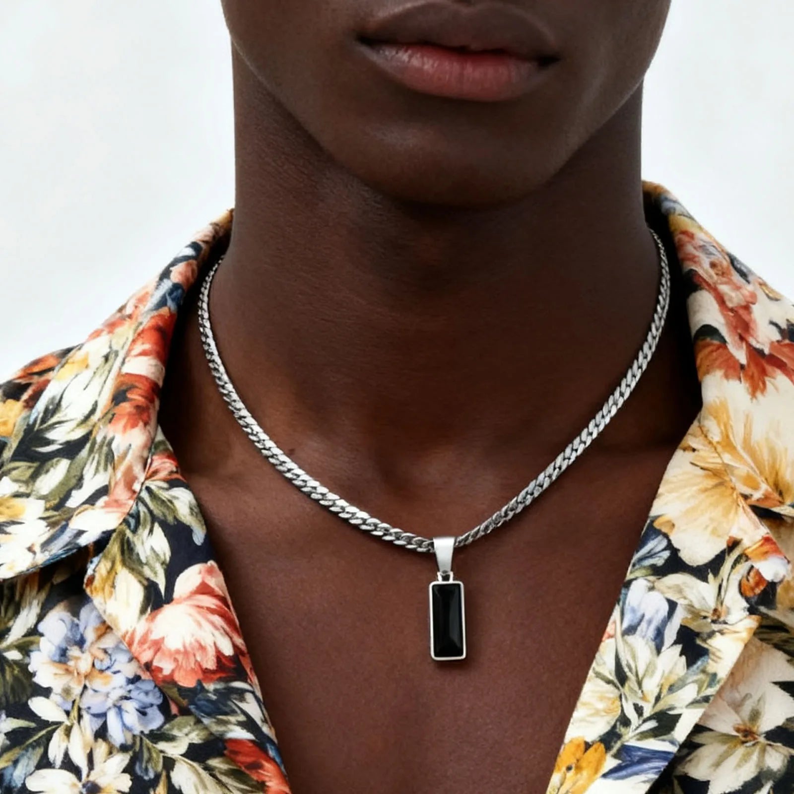 Collier Homme Chaîne Cubaine Acier Inoxydable Pendentif Pierre - Bijou Hip-Hop