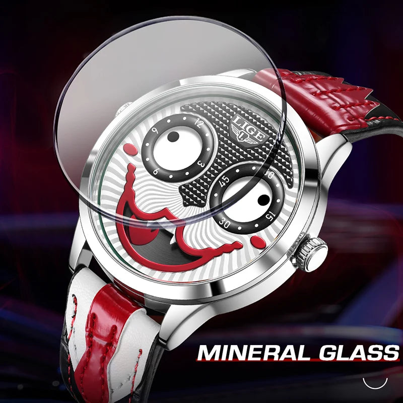 LIGE - Montre Homme 2025 Clown Mode Quartz Bracelet En Cuir Étanche Cool Joker