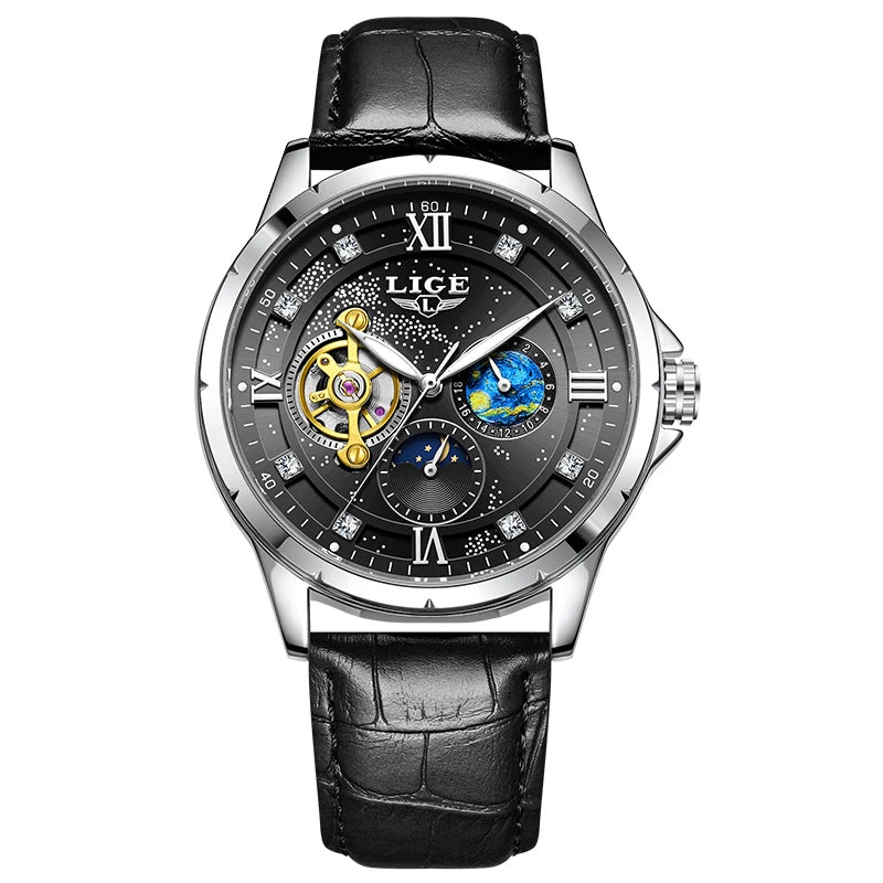 Montre Automatique Homme LIGE 2026 - Mécanique Phase de Lune Bracelet Cuir