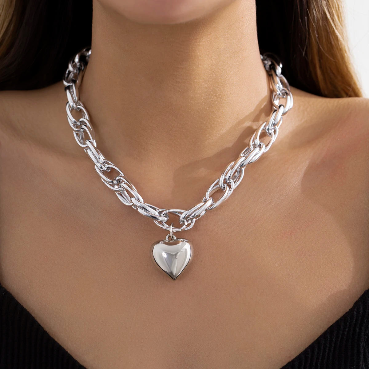 Collier Femme Court Chaîne Clavicule Pendentif Cœur Géométrique - Bijou Femme Punk