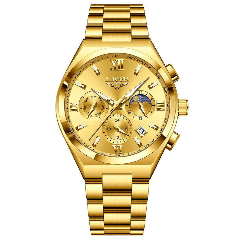 LIGE - Montre Femme Luxe Chronographe Phases de Lune - Bracelet Acier Bleu - Chiffres Romains - Étanche 3 ATM