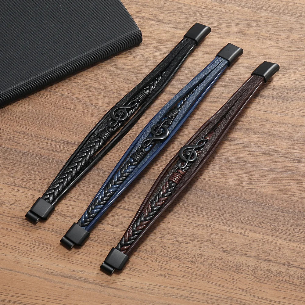 Bracelet Homme Multicouche Cuir Symbole Musique Boucle Magnétique Rétro