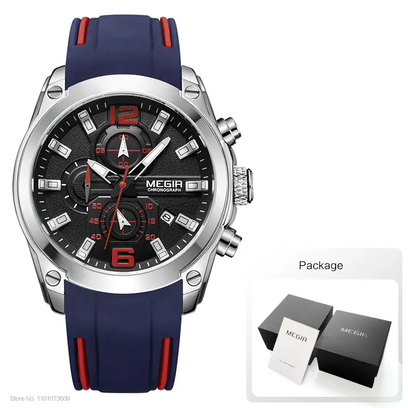 MEGIR - Montre Homme Chronographe Sport - Bracelet Silicone - Date - Lumineux - Étanche 3 ATM