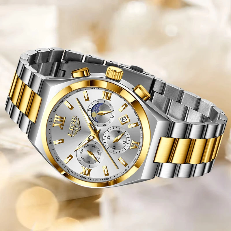 LIGE - Montre Femme Luxe Chronographe Phases de Lune - Bracelet Acier Bleu - Chiffres Romains - Étanche 3 ATM