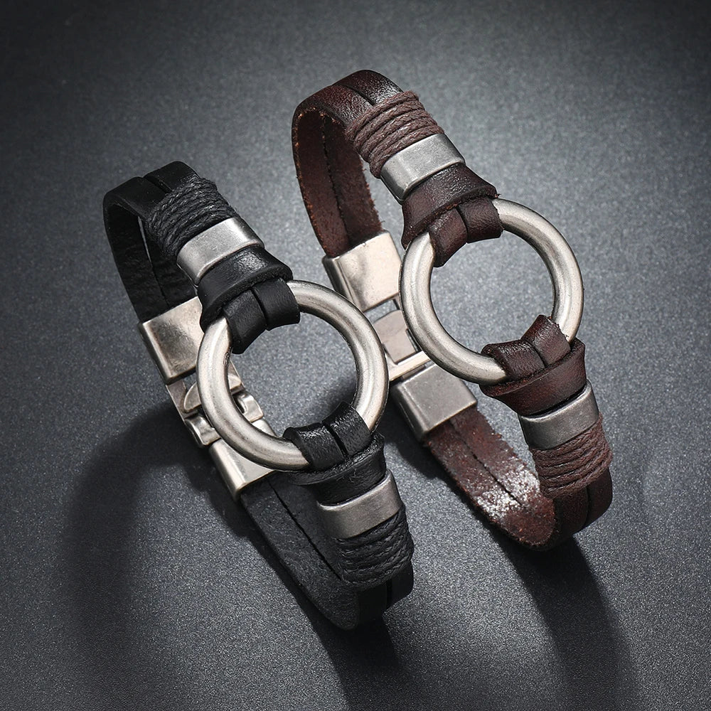 Bracelet Cuir Véritable Fait Main Unisexe - Style Hip-Hop Rock Simple