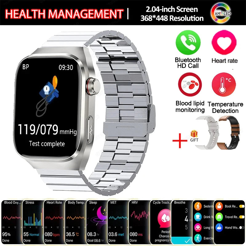 Montre Connectée Santé 2026 ECG - Lipides Sanguins, Acide Urique, Température, IP68, 650mAh, Appels BT
