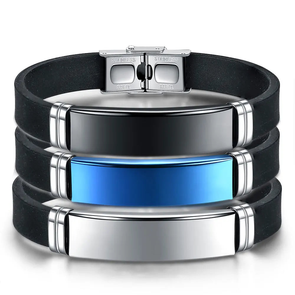 Bracelet Homme Silicone Noir Acier Inoxydable - ID Classique 22cm