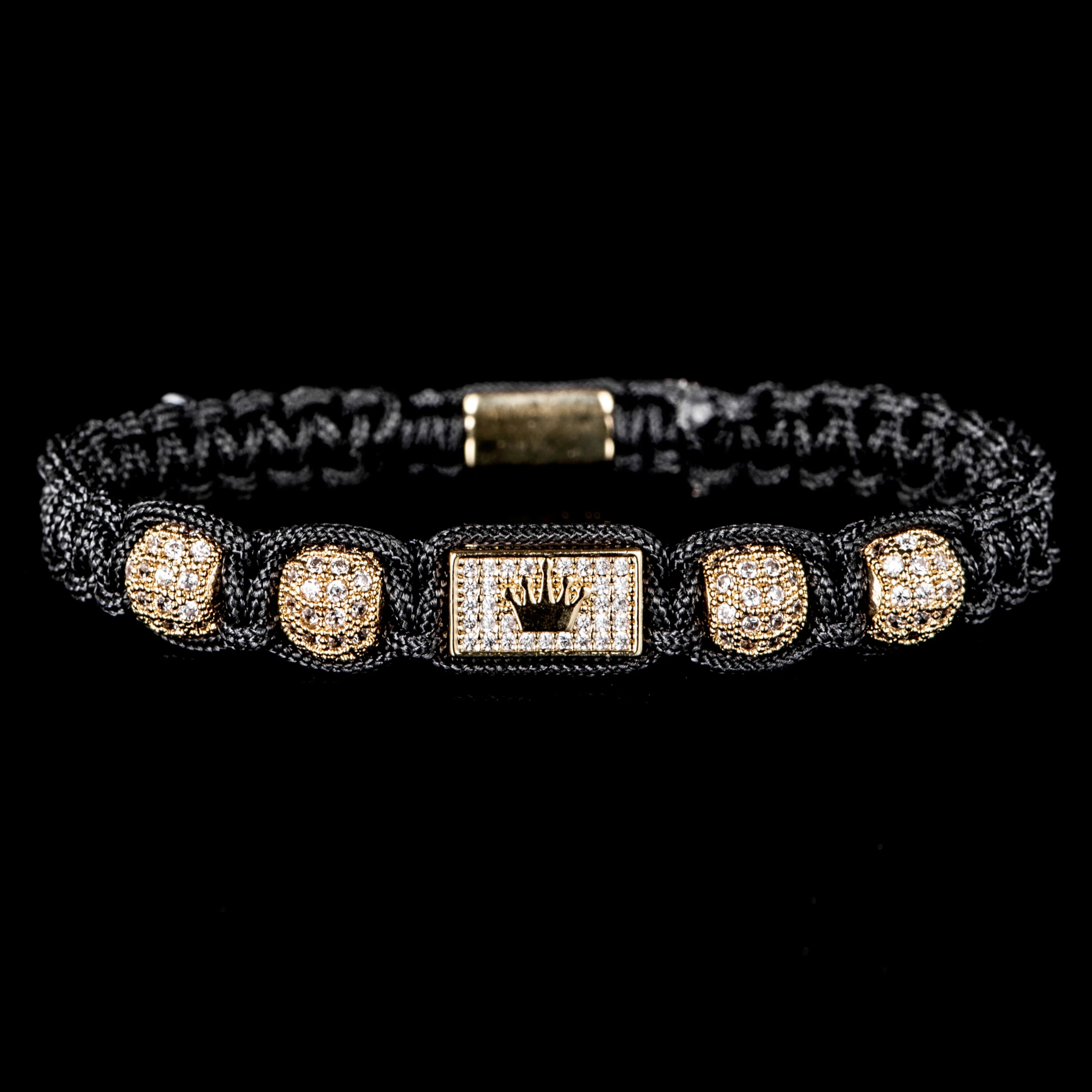 Bracelet Tressé Noir Ajustable Homme Design Couronne Zircones - Hip-Hop
