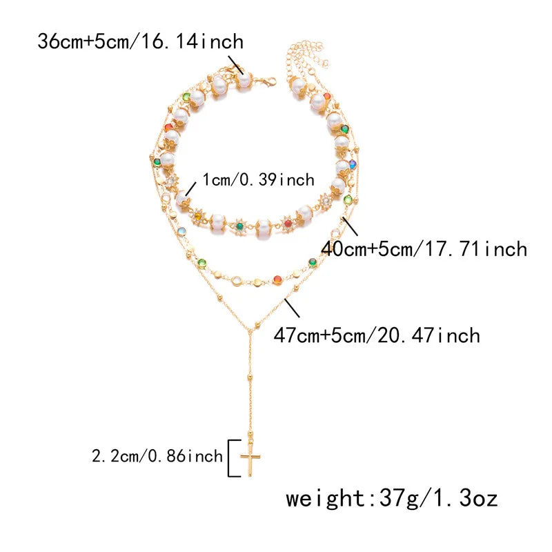Collier Perles Polyvalent Pendentif Croix Hip-Hop - Bijou Femme Multi-Rangs