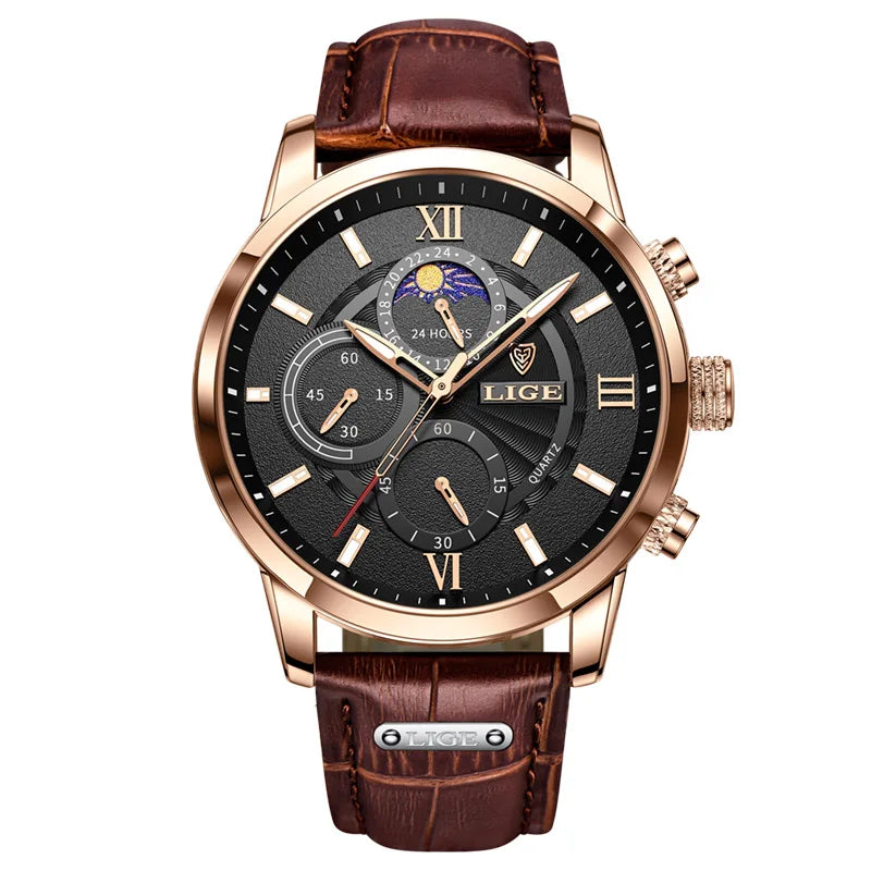 LIGE - Montre Homme Chronographe - Cuir Marron - Phase de Lune - Étanche 3 ATM