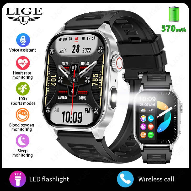 LIGE - Montre Intelligente LIGE 2.01" Militaire Sport - Lampe LED - Appels Bluetooth 5.2 - Étanche - Android iOS