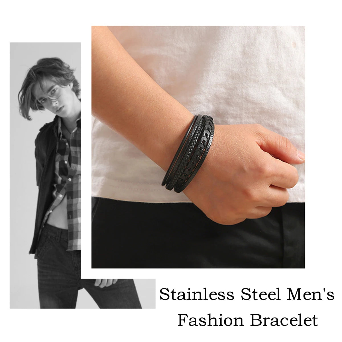 Bracelet Multicouche Vintage Corde Cuir Tressé Boucle Magnétique Homme