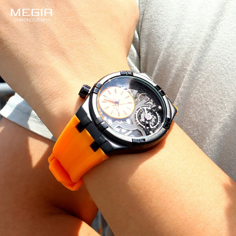 MEGIR - Montre Homme Sport Orange Double Cadran - Bracelet Silicone - Chronographe - Étanche 3 ATM