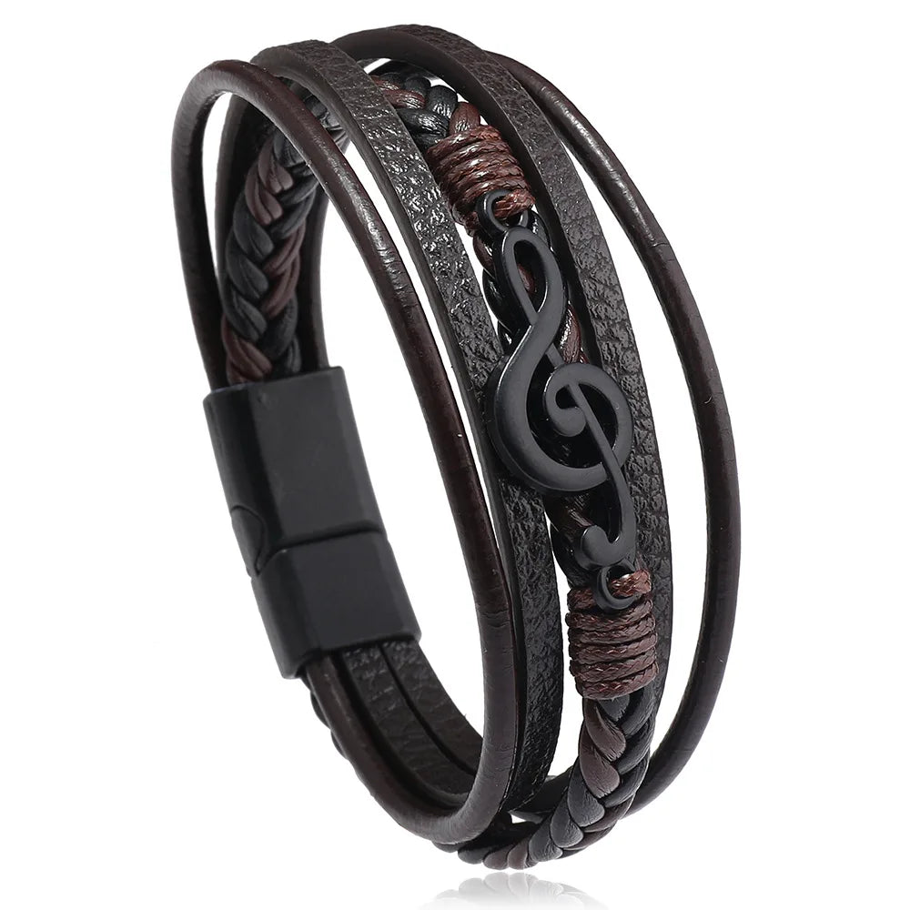 Bracelet Homme Multicouche Cuir Symbole Musique Boucle Magnétique Rétro