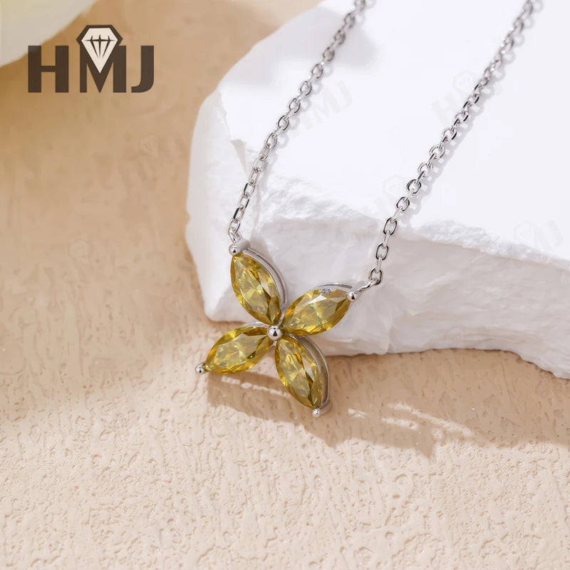 Collier Pendentif, Boucles d'Oreilles Puces, Trèfle à Quatre Feuilles, Moissanite Marquise, Argent Sterling 925
