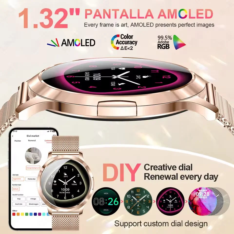 Montre Connectée Femme GUHUAVMI 2026 – Écran AMOLED 1.32", Appels Bluetooth, Suivi Santé & 100+ Sports