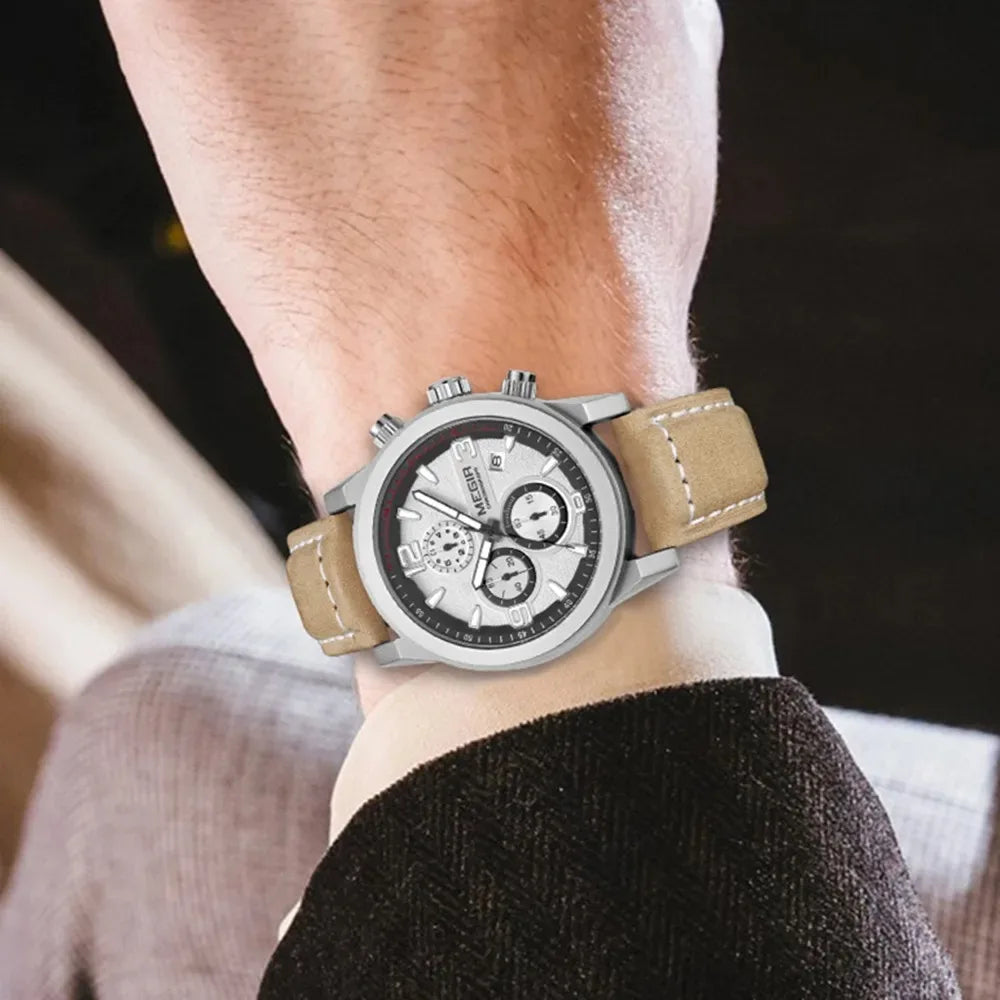 Montre Homme MEGIR 2026 Sport - Chronographe Bracelet Cuir Lumineux