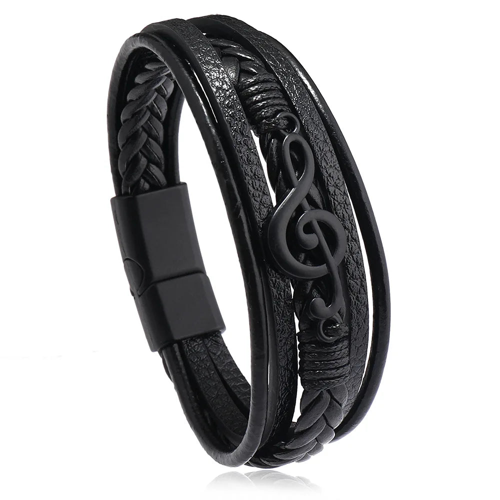 Bracelet Homme Multicouche Cuir Symbole Musique Boucle Magnétique Rétro