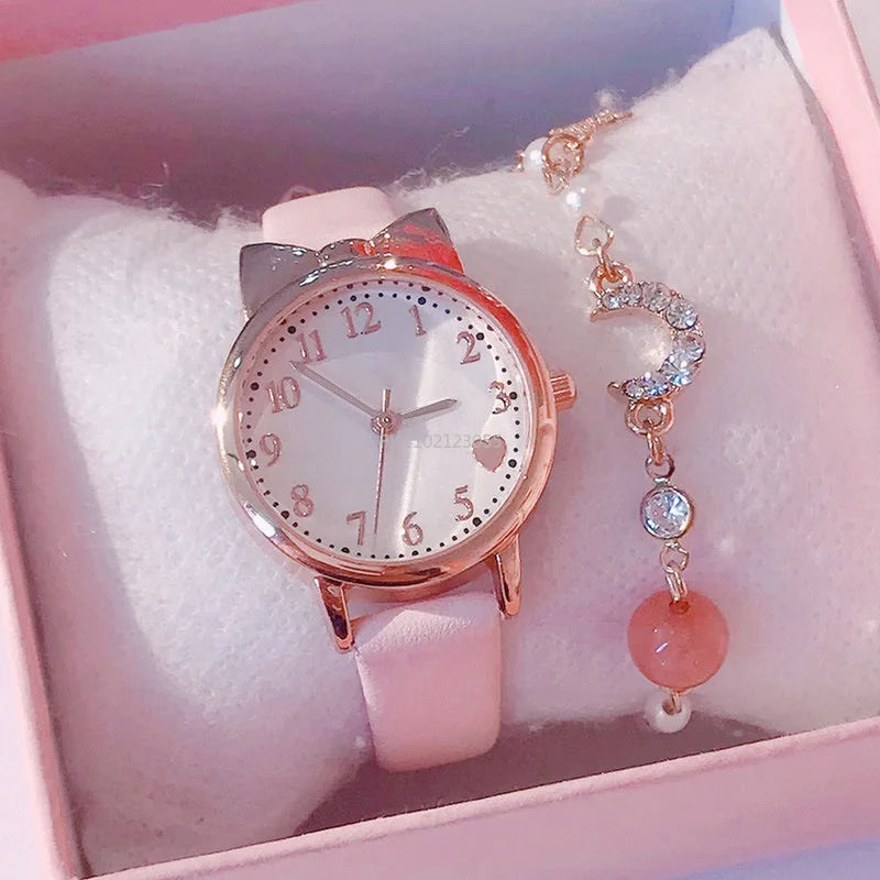 MOONBIFFY - Montre Enfant Fille + Bracelet Perles - Ensemble Cadeau - Bracelet Cuir Rose