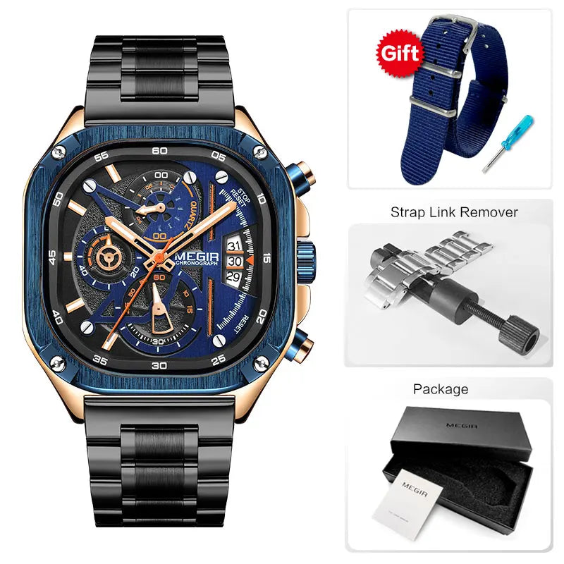 MEGIR - Montre Homme à Quartz Étanche Cadran Carré -Bracelet en acier Inoxydable et Aiguilles Lumineuses