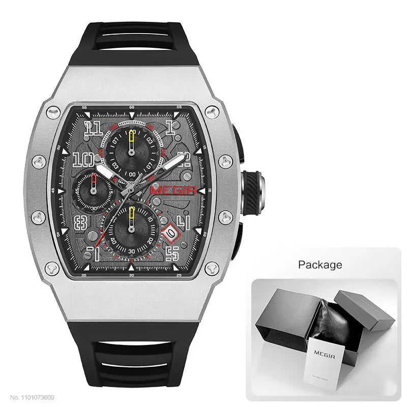 MEGIR - Montre Homme MEGIR Sport Chronographe Carrée - Cadran Bleu - Bracelet Acier - 24H - Étanche 3 ATM