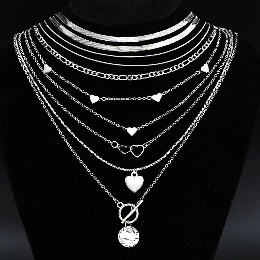 Ensemble 10 Colliers Pendentifs Empilables Femme - Cœur Multi-Rangs Tendance